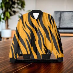 Stylish Unisex AOP Bomber Jacket with Yellow Black Stripes | Trendy, Lightweight, Versatile | Ideal Outerwear for All Seasons